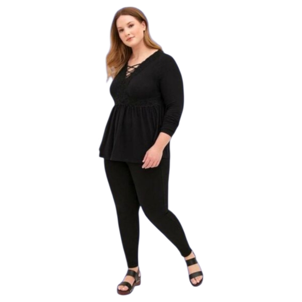 TORRID 2X black Super Soft V-Neck babydoll Lace-up Lace Trim Top